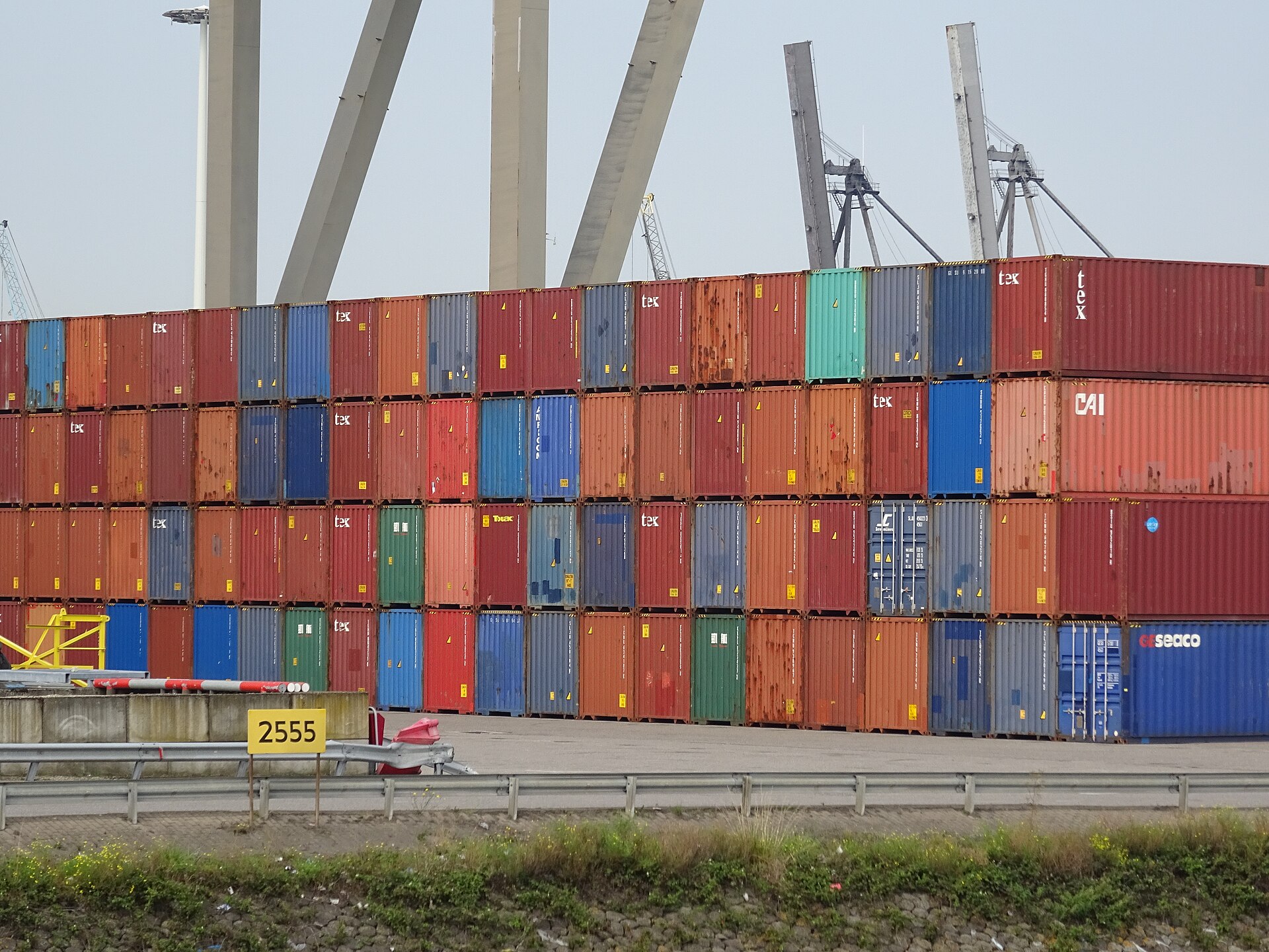 Stacked shipping containers at a port terminal