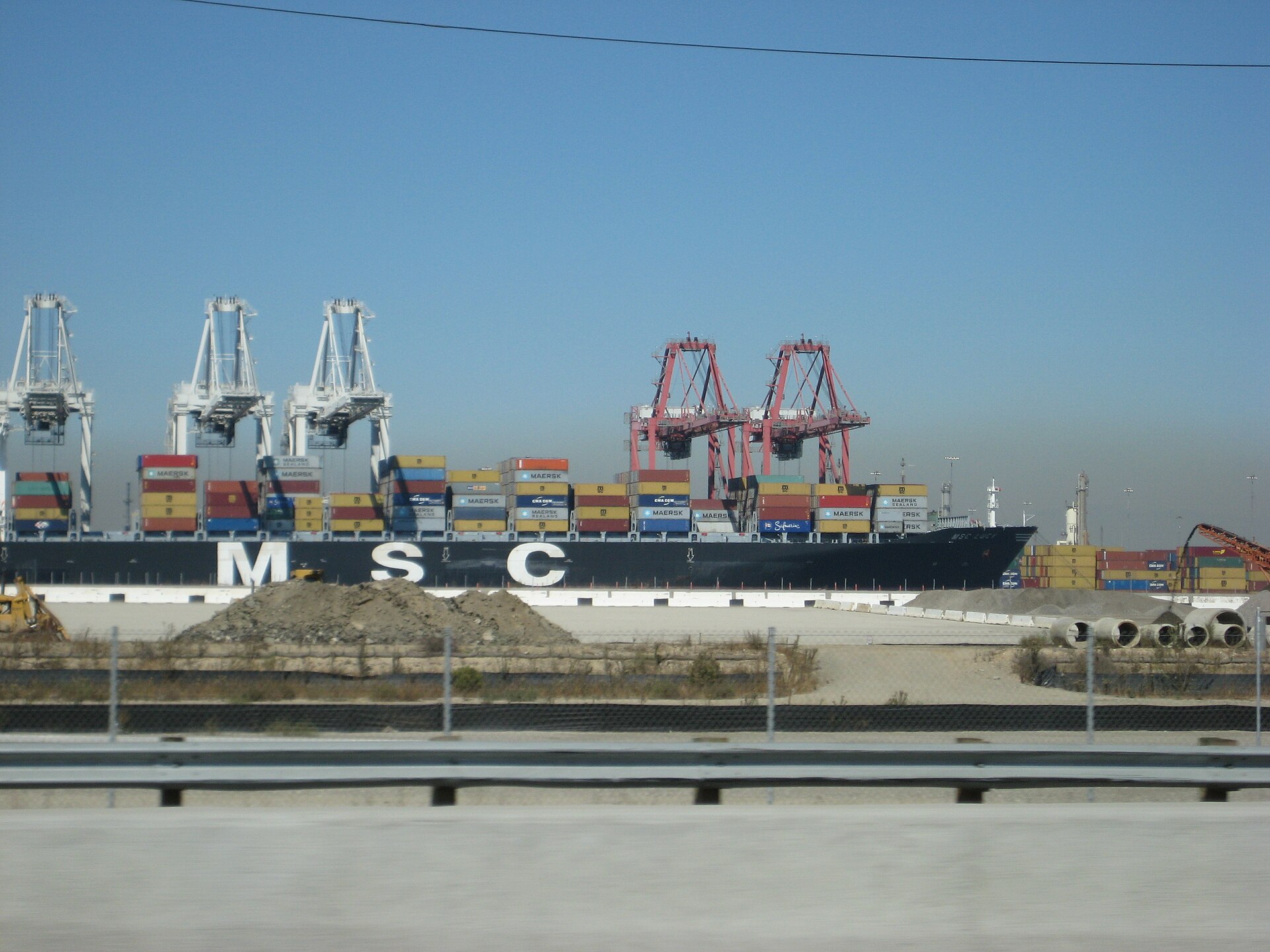 Container ship being loaded at a Long Beach container terminal